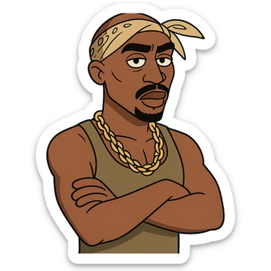 Tupac with arms crossed, stylized cartoon, bandana, gold chain, bold lines sticker