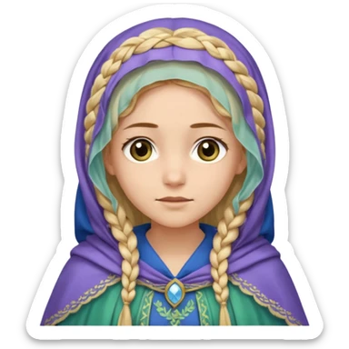 
mujer, Joven, de aspecto dulce y elegante.
Piel clara, ojos grandes y expresivos (pueden ser azules o verdes), sonrisa triste.
Rubio o castaño claro, largo, con trenzas o velo.
Vestido largo de tonos suaves (blanco, azul o lavanda), con bordados dorados; un manto o toca fina cubriendo la cabeza.
 sticker