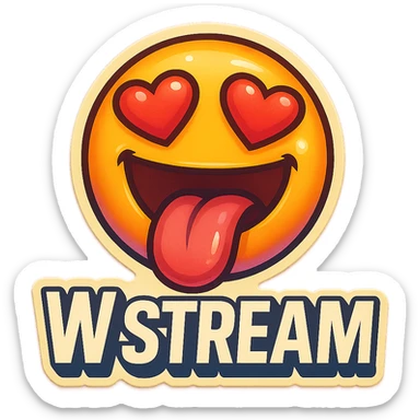 mouth open with tongue out heart shaped eye add the words “ W Stream " in White sticker