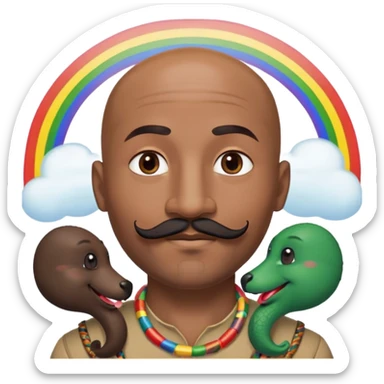 Oxumarê as a happy 37-year-old bald man with very dark skin tone, smooth oval head, indigenous facial features, mustache with circular beard only on chin (no hair on sides), a round mole on the right side below the lip, accompanied by a rainbow serpent, Memoji style sticker