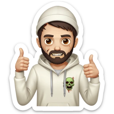 zombie with thumbs up gesture wearing plain white hoodie with no designs, dark brown hair and short full beard sticker