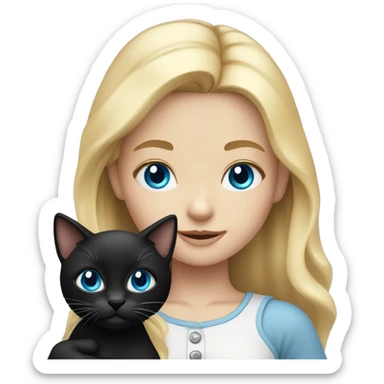 Blond girl with blue eyes with black kitty in her hands sticker