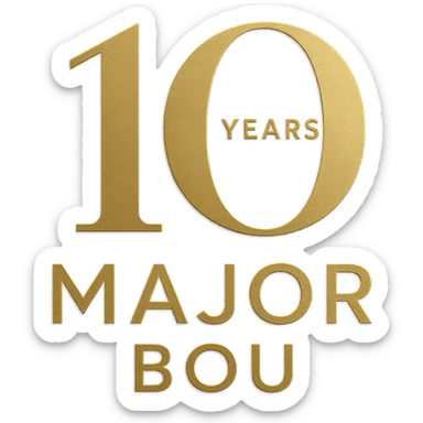 Elegant 10th anniversary logo for Major Bou with gold accents and a modern sans-serif font sticker