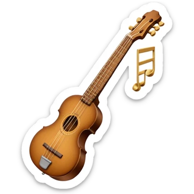 Create an elegant and traditional emoji representing a domra. The design should feature the round, wooden body of the domra with its distinct 3 strings. Include delicate details like the tuning pegs, the fingerboard, and the bridge. The wood of the domra should have a rich, warm tone, and the strings should be subtly highlighted to show their importance. Add a small musical note or two floating around to evoke the folk music it is used for. Use earthy tones like brown and gold to emphasize its classic, rustic feel. The background should be transparent. sticker