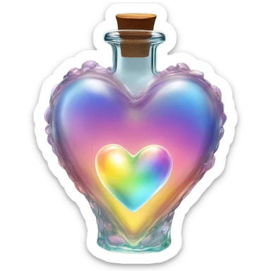 Antique oil heart bottle made of crystal glass of all gentle colors of the light rainbow, a living flower fairy sits at the bottom of the bottle sticker