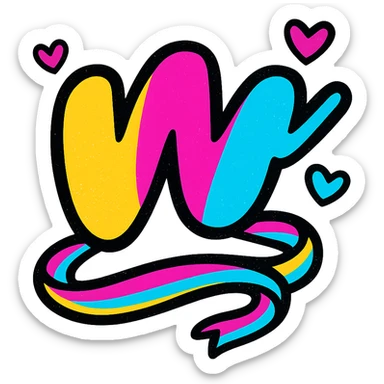 vibrant, color-filled Wattpad logo 'w' with thick contour, strong shadows, shiny highlights, colorful ribbon curling around the base, a few small hearts, no background sticker