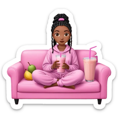 A dark-brown-skinned Black woman with black box braids, sitting on a pink couch, holding a smoothie cup with a straw, and looking relaxed. She’s wearing comfy loungewear in a cozy setting. sticker