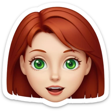 Dark red haired girl with green eyes making a silly face sticker