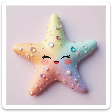 realistic sea star with soft pastel rainbow gradient, adorned with shiny jewels, gentle cute expression, sparkling gems, natural texture sticker