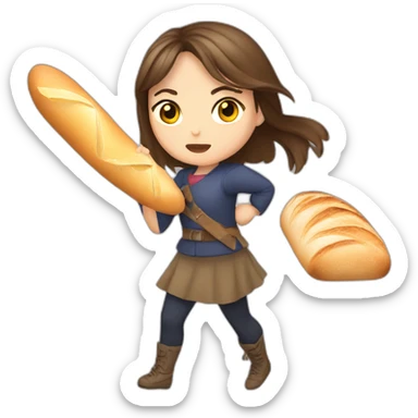 Brown hair girl fighting with baguette sticker