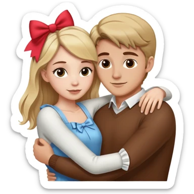 Brown hair white girl hugging blonde man with bows sticker