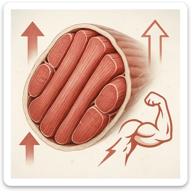 hyper realistic image of muscle section with prevalence of large, thick fast fibers, symbols of strength and hypertrophy like upward arrows and stylized muscles, anatomical details, scientific atmosphere, light background sticker