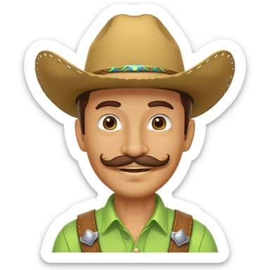 Smiling cowboy character with a lime green hat and mustache sticker