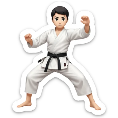 A disciplined karateka in white gi and black belt, performing a mid-side kick pose, calm facial expression with focused eyes, minimal but powerful, traditional Japanese dojo feel sticker