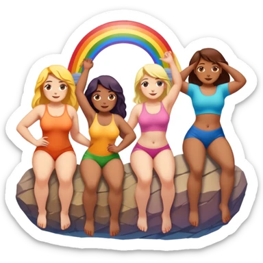 three women of different body types forming human chain, climbing rainbow-colored rock holds sticker