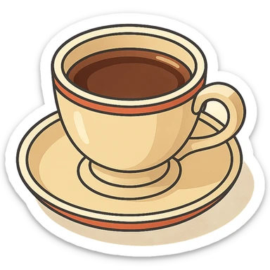 coffee in a vintage cup with saucer, isometric view, 2D isometric style, detailed drawing, detailed shadows and highlights, clean contours, soft lighting, transparent background sticker