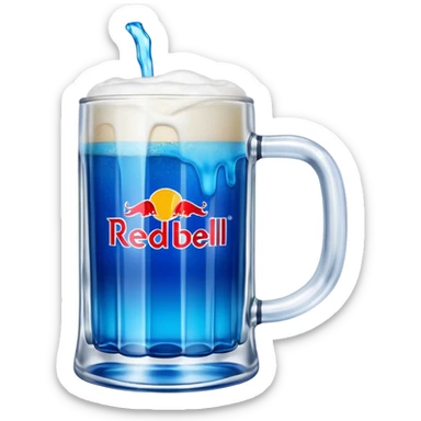 Large clear glass mug similar to beer stein with bright blue liquid inside. Put redbull drink logo on  mug. Add ridges to mug  sticker