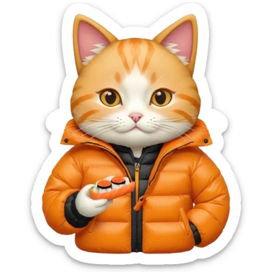 cat wearing a puffy jacket and eating sushi sticker