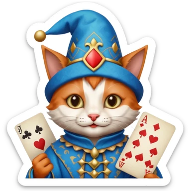 crazy colorful cute little cat jolly joker from poker, medieval, vintage, court jester, mac os icon, blue color, holds poker cards sticker