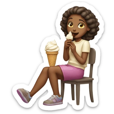 girl eating ice cream while it gets around her mouth looking up while she’s seated with her other hand in front of her legs sticker