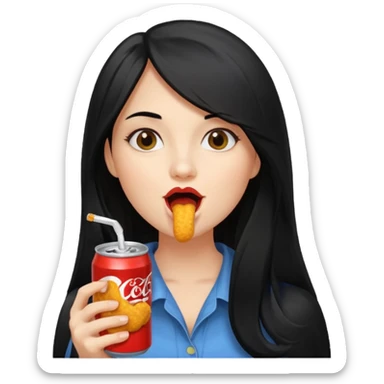 girl with long black hair eating with mouth on the chicken nugget and holding a soda can sticker