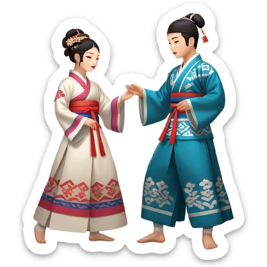 Cinematic Realistic scene of two performers engaging in Ganggangsullae, dressed in traditional Korean costumes with intricate patterns and graceful movements, illuminated by soft, festive lighting that accentuates the cultural ambiance sticker