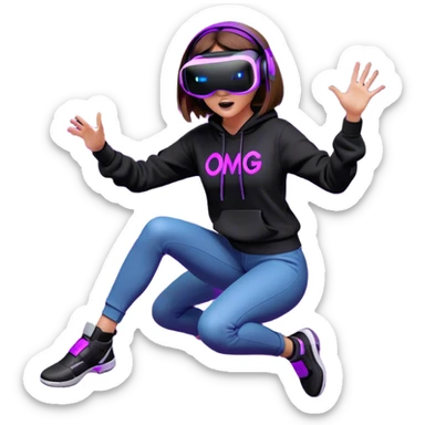 brown haired girl with a bob girl wearing black hoody with violet letters "OMG", in vr headset oculus quest2. jumping. Cyberpunk style. Violet neon. sticker