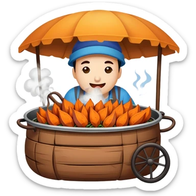 Street vendor roasted sweet potato with steam rising, simplified emoji style with bold outlines and bright colors, cartoon style hot Kao Hong Shu sticker