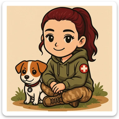 military girl, a medic with a small dog, sticker style, make the character look like her sticker