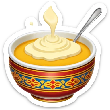 Tibetan butter tea in traditional bowl, simplified emoji style with bold outlines and bright colors, cartoon style creamy yak butter drink sticker