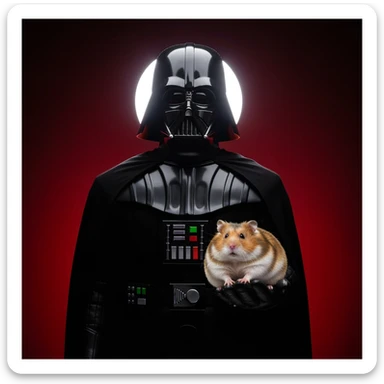 Closeup Photo of a darth vader holding big hamster, low key light, red solid background with leading lines, back light, spot light sticker