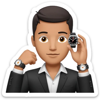diverse man wearing a black strap watch on his wrist portrait, head and shoulders only, wrist raised slightly showing the watch clearly, modern style, 3D cartoon, mobile game icon style, clean background, no text, no watermark
 sticker