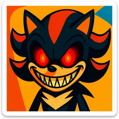 Shadow from Sonic, horror cartoon style, only the face, glowing red eyes, sinister grin, bright and vivid background, not dark sticker