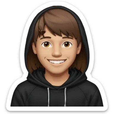 20 yr old man, brown hair, straight, big smile, white teeth, tanned skin, bangs, black hooded sweatshirt, long hair in back, middle parted bangs sticker