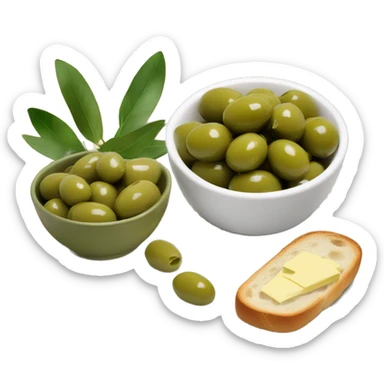 bowl of green olives beside a baguette with butter   sticker