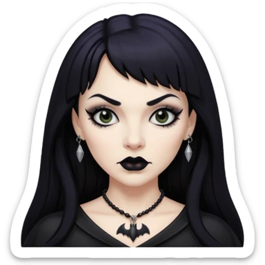vampira mulher branca com cabelo preto longo com franja na testa, sobrancelha grossa e lábios com batom preto com colar preto e pingente de morcego preto sticker