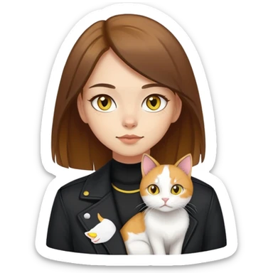 Light-skinned girl with brown straight hair wearing a black jacket, with a white cat with yellow eyes and a calico cat sticker