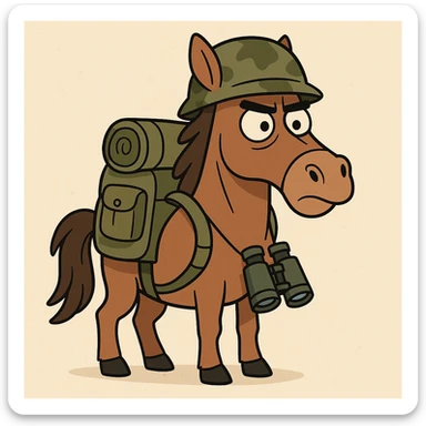 brown horse with an army vibe, cartoon style, carrying a backpack and binoculars sticker