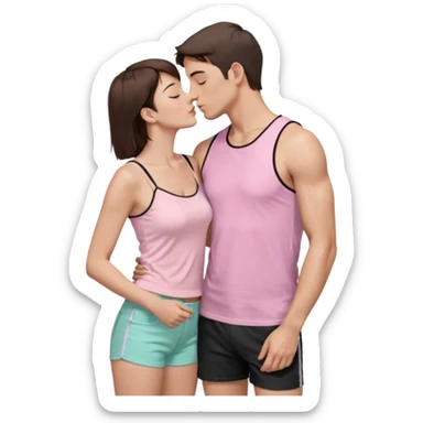 A couple, mid-20s, standing close and kissing. Man: short brown hair, clean-shaven, wearing a plain pastel pink t-shirt and dark shorts. His left arm is wrapped around the woman’s waist. Woman: long straight brown hair, wearing a black sleeveless glittery top with thin straps and a black skirt.  sticker