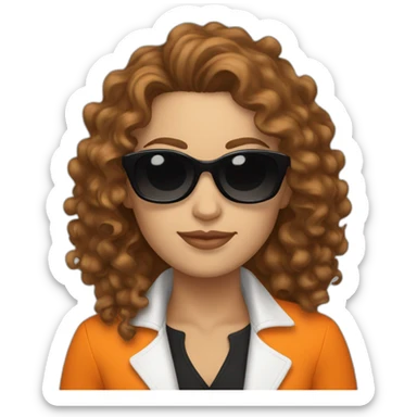 a curly brown hair white woman with black sunglasses and a orange trucksuit  sticker