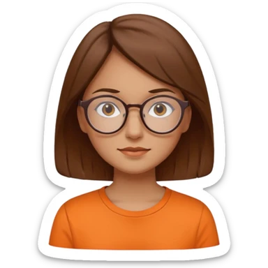 brown hair woman with round glasses orange shirt no smile sticker