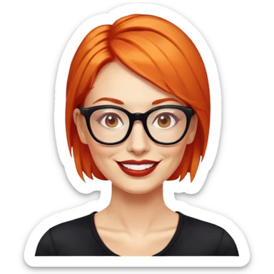 nữ 40 tuổi, da trắng,môi đỏ thẫm, tóc búi gọn gàng màu cam, đeo kính đen, mặt cười tươi, hơi có nếp nhăn, áo đen sticker