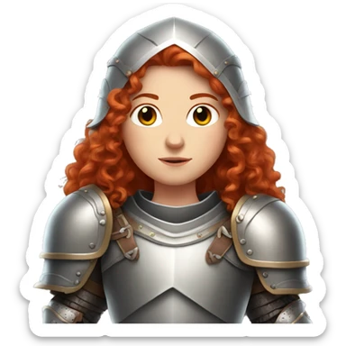 a white girl with long red curly hair and freckles, wearing armor sticker