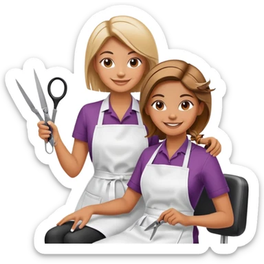 smiling woman in apron sitting in salon chair, smiling female hairstylist behind her with scissors sticker