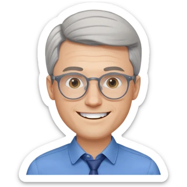 30 yr old pale white man, grey side swept hair, round glasses, big smile, white teeth, handsome, longer hair, thin glasses, blue dress shirt sticker