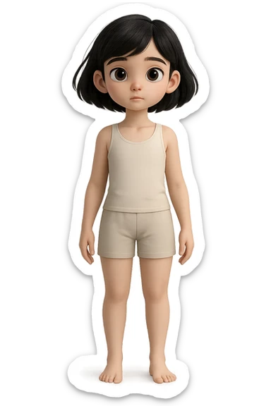 Create a 3D base model of a cute cartoon character matching the pose and proportions of the reference image. The character should be dressed only in plain shorts and a tank top, with no accessories, shoes, or extra details. The style should be neutral and simple to allow for clothing overlays later. Render with a transparent background. sticker