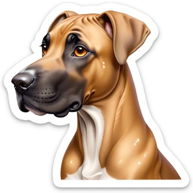 Cinematic Cute Fawn Great Dane Portrait Emoji, Head tilted playfully and inquisitively, showcasing a glossy fawn Fur with a subtle luster, round, sparkling amber eyes filled with curiosity, Simplified yet irresistibly adorable features, highly detailed, glowing with a warm, friendly glow, high shine, affectionate and gentle, stylized with a touch of whimsy, bright and endearing, soft glowing outline, capturing the essence of a mischievous yet loving pup, so playful it feels like it could lumber out of the screen and into your arms! sticker