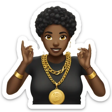 Black girl with black hair and a jersey shirt, chunky gold earrings, a lot of gold necklaces, her hands up showing her gold bracelets sticker