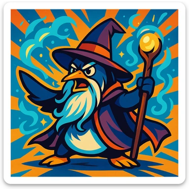 a heroic penguin wizard with a long beard, staff, and magical aura, bold dynamic style, vibrant toon style, powerful and energetic sticker