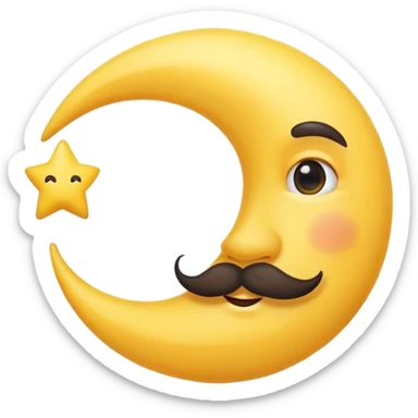 crescent moon with a funny mustache and cute smiling face sticker